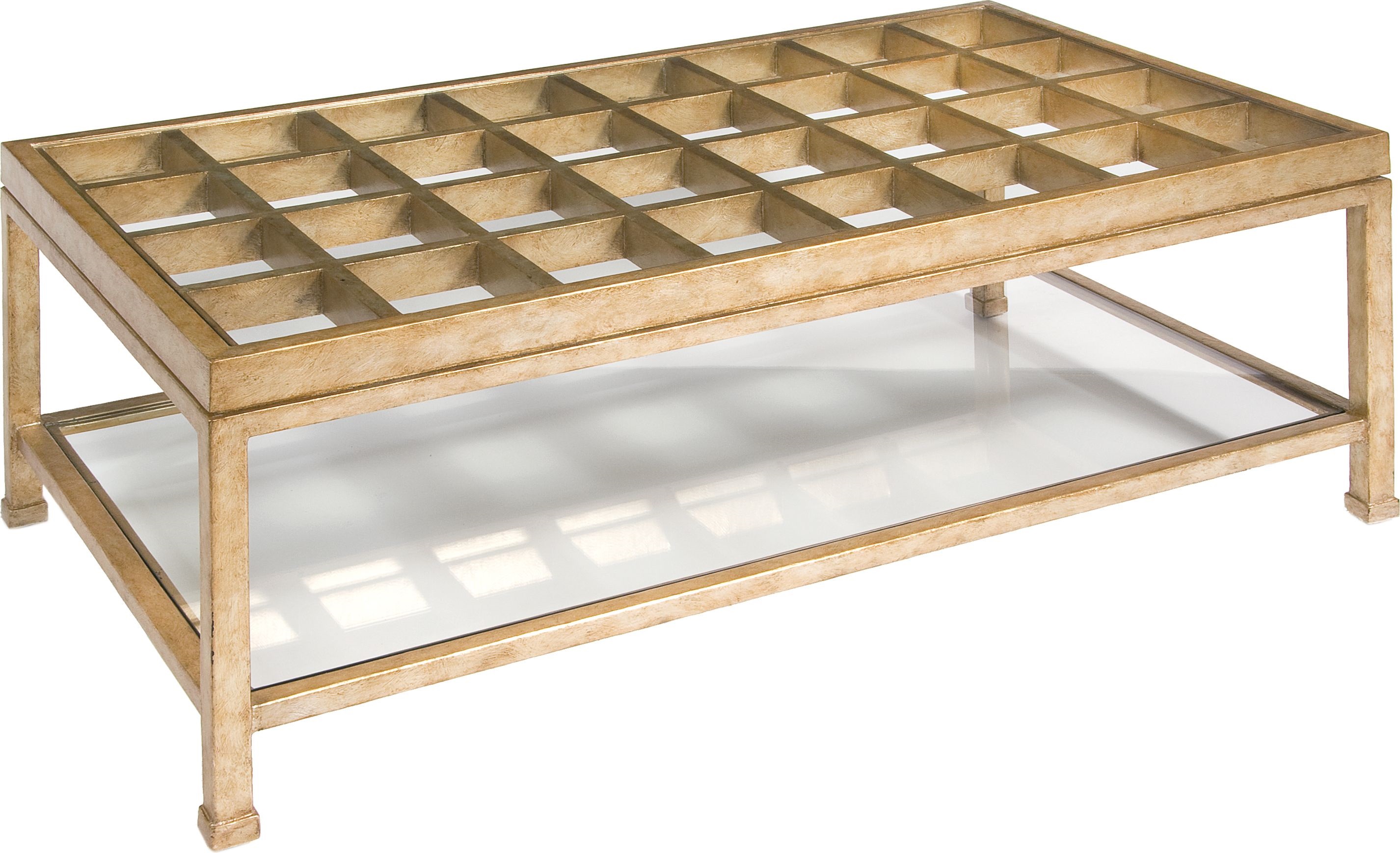 ANTIQUE GOLD COCKTAIL TABLE W/GLASS TOP